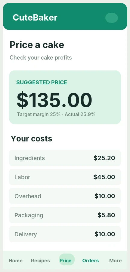 Illustrative phone screen showing pricing results
